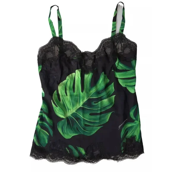 Dolce & Gabbana Black Philodendron Print Silk Camisole Lingerie